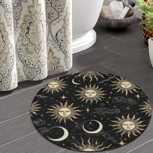 Machine Washable Modern Round Area Rug, Room Sofa Yoga Soft Round Carpet, Home Decor Non Slip Kitchen Office Circle Rug Mystical Magical Cosmic Astrology Sun Crescent Moon Stars Gold Black Art