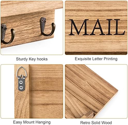 DLQuarts Mail Organizer with Key Holder for Wall Decorative Mail Sorter Wall Mounted, Wooden Mail Holder with 3 Hooks, Carbonized Brown