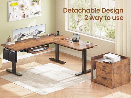 SEDETA L Shaped Standing Desk with File Cabinet, 3 Drawers, Power Outlet