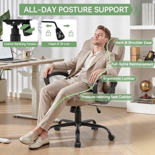 Ergonomic Office Chair with High Back, Comfy Desk Chair, Adjustable Executive Office Chair for Home Office, Big and Tall Computer Chair Heavy Duty, 360° Swivel, Faux Leather, Taupe Beige