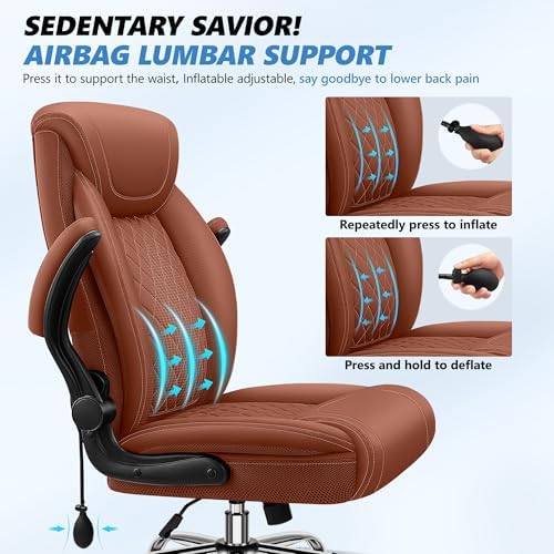 BestGlory Executive Office Chair with Lumbar Support, Big and Tall Ergonomic Computer Desk Chair, Leather Comfy High Back Gaming Chair with Flip Up Arms & Rocking Function for Home Office, Brown
