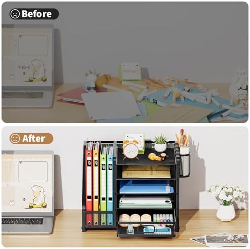 Marbrasse Desk Organizer with File Holder, 5-Tier Paper Letter Tray Organizer with Drawer and 2 Pen Holder, Mesh Desktop Organizer and Storage with Magazine Holder for Office Supplies (Wood-Black)