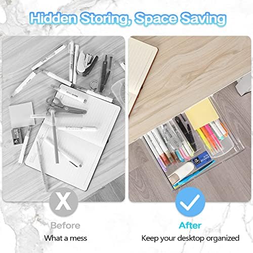 OSPNIEEK Self-adhesive Under Desk Drawer Organizer, 2 Pack Table Hidden Slide Out Large Storage Mounted Desktop Pencil Holder Tray Drawers for Office Home School Stationery Kitchen (Large, White)