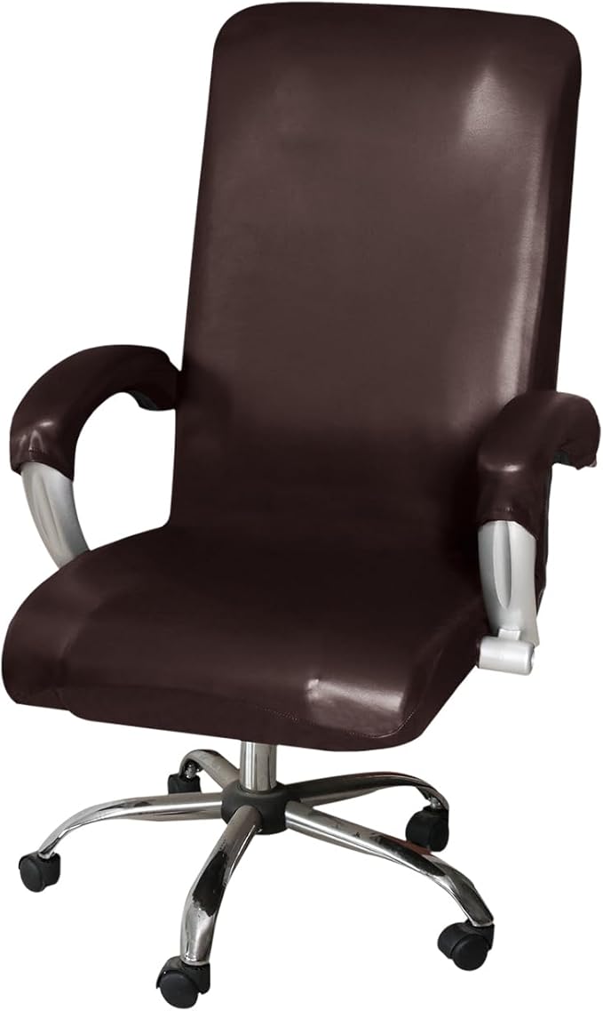 ITFRO Waterproof Office Chair Cover with Armrest Covers Brown PU Leather Computer Desk Chair Cover with Zipper Universal Rotating Gaming Chair Slipcover High Back Chair Seat Protector (Brown)