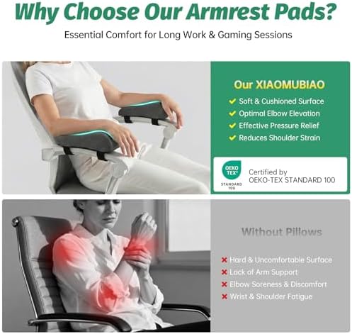 Set of 2 Memory Foam Arm Rest Cushion, Chair Arm Pads Support Pads, Elbow Pressure Relief Cushion for Office Desk & Gaming Chair, Non‑Slip Secure Straps, Removable Washable Cover