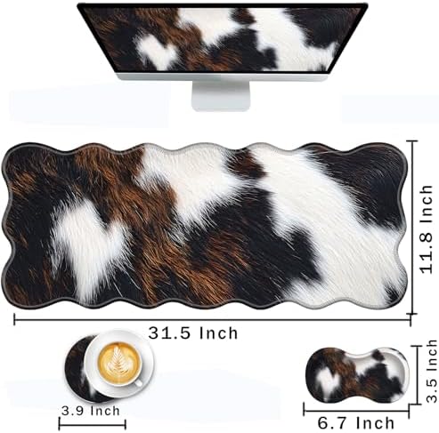 Mouse Pad with Wrist Support + Desk Mat + Coaster 3 in 1 Set, XL Large Gaming Mousepad Ergonomic Mouse Pads for Desk Computer Laptop Office,Cute Cowhide Brown Black Cow