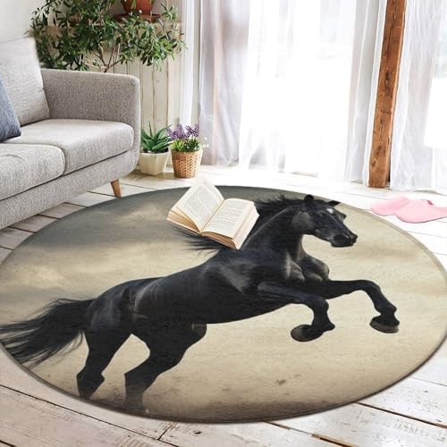 Large Home Decor Mat, Soft Round Yoga Carpet, Non Slip Machine Washable Kitchen Office Circle Rug Horse Black