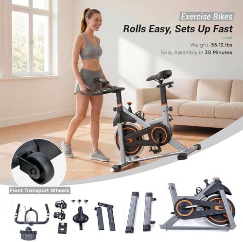 Exercise Bike with APP, Stationary Bikes for Home, Workout Bike for Adults & Seniors, Cycle Machine, Adjustable Height and Resistance, Low Noise, 265lbs Weight Capacity, Easy Assembly