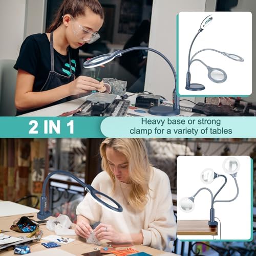 10X Magnifying Glass with Light and Clamp, 5 Color Modes Stepless Dimmable Lighted Magnifier with Stand, Flexible Gooseneck LED Desk Lamp Hands Free for Craft Painting Hobby Close Work - Blue