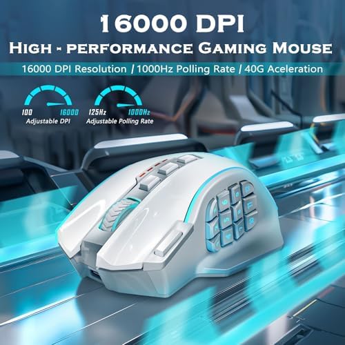 Redragon Wireless Gaming Mouse, MMO Gaming Mouse UP 16,000 DPI, 16 Macro Programmable Buttons, RGB Rechargeable Mouse with 12 Side Buttons, 70Hrs for PC Laptop MOBA FPS, White,M901P-WS