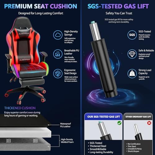 Mr IRONSTONE RGB Gaming Chair with Bluetooth Speakers, Multi-Point Vibration Massage Gaming Chair (Seat, Back & Lumbar), Ergonomic High Back Recliner, Footrest for Adults, Iridescent Red