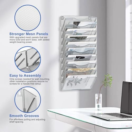 EasyPAG Wall File Organizer for Office 10 Pocket Mesh Wall Mounted Paper Organizer Hanging Folder Holder with Nametag Label for Home School, Silver