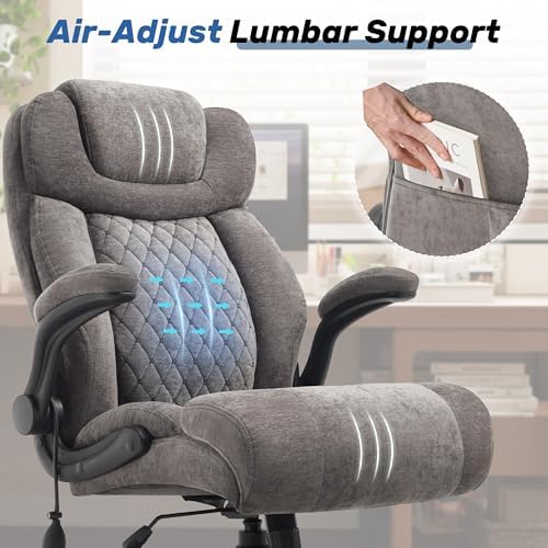 550LBS Big and Tall Office Chair, Comfy Heavy Duty Executive Chair with Adjustable Lumbar Support Double Spaces Casters, Fabric Extra Wide Seat Ergonomic Computer Desk Chair for Back Pain,Greycloth