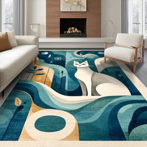8'x10' Teal Blue Cat Boho Abstract Design Ultra-Soft Area Rug