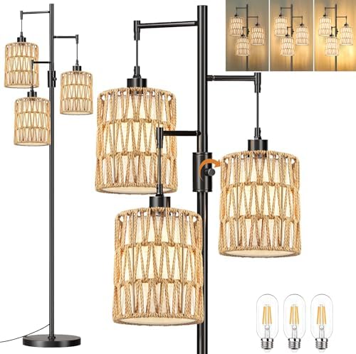 ZECOXOL Boho Floor Lamp for Living Room Bedroom-3 Light Dimmable Floor Lamp with Three Led Bulb, Rustic Tall Lamp Black Standing Lamp Tree Floor Lamps for Living Room Bedroom,Office,Corner