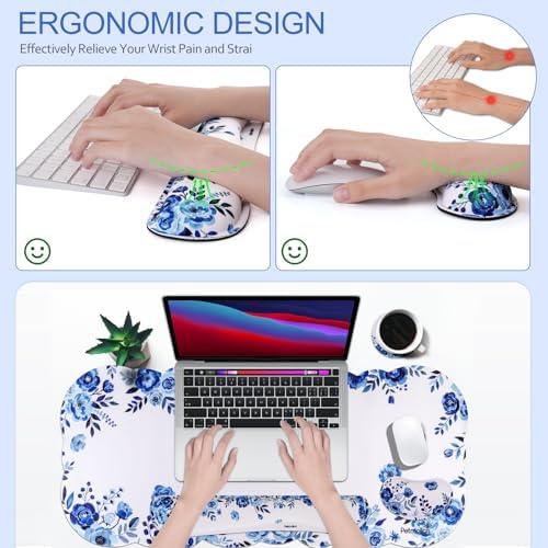 Petmolico Desk Pad Set with Wrist Rest for Keyboard & Mouse, Blue Flower