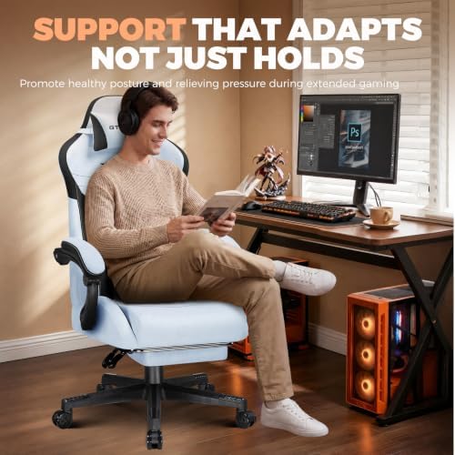GTPLAYER Gaming Chair with Footrest, Ergonomic Office Chair 400lbs Heavy Duty, Big and Tall Computer Desk Chair with Lumbar Support and Headrest, Breathable Plush Fabric, 90-155° Recline Light Blue