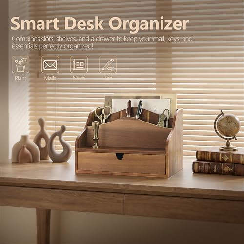 Rebee Vision Acacia Wood Mail Organizer for Desk with Drawer Entryway,Brown