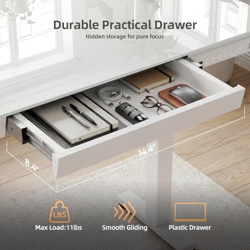 INNOVAR Glass Standing Desk with Drawers & USB Ports,55 inch Whole-Piece Glass Top Adjustable Height Desks, Quick-Install Electric Sit-Stand Up Desk for Home Office & Computer Workstation, White