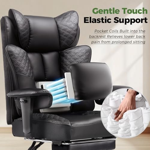 GTPLAYER Big and Tall Office Chair Wide Ergonomic Gaming Chair with Deluxe Embossing Designed Leather with Foot Rest,150°Reclining Adjustable Soft Armrests Pocket Spring Back Support and Pillow
