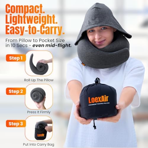 LOEXAIR™ Hooded Pro Travel Pillow - Memory Foam Neck Support Pillow for Airplane, Flight - Super-Soft Pure Cotton Fabric, Maximum Privacy & Light-Block Design, Lightweight Full Travel Kit - Dark Grey