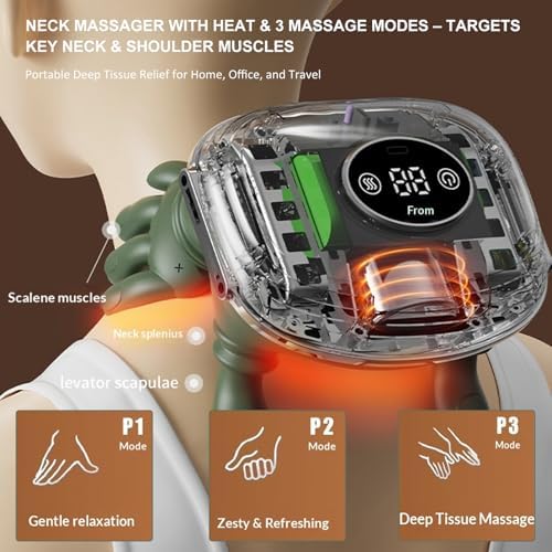 Neck Massager with Heat, Bionic Shiatsu Neck and Shoulder Massager with 4D Kneading Fingers, LCD Display & Adjustable Intensity, Heated Neck Massage Device Simulates Real Palm to Relax Muscle Tension