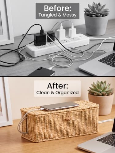 Cable Management Box, Cord Organizer with Lid & Cable Ties - Natural, M