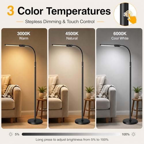 Cordless Floor Lamp Rechargeable, 15W Bright LED Floor Lamp with 8000mAh Battery, Dual Head Gooseneck Standing Lamp, 3 Color Temperatures, Stepless Dimming Battery Floor Lamp for Bedroom Office