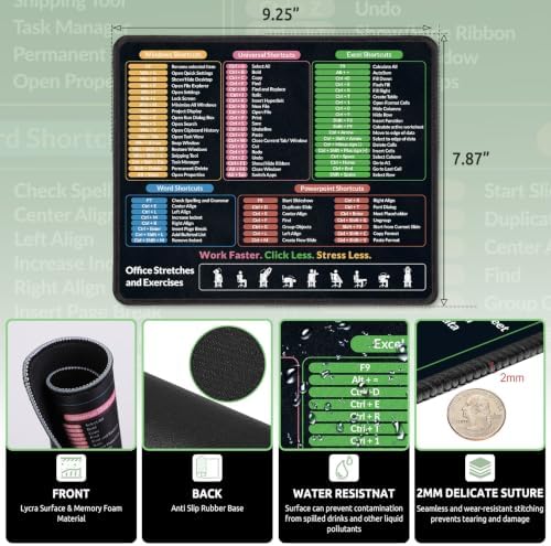 KONVINIT Ergonomic Mouse Pad with Wrist Rest, Small Excel Cheat Sheet Desk Pad with Windows & Office & Excel Shortcuts, Non-Slip Rubber Base Mouse Pads for Desk with Smooth Surface, Black