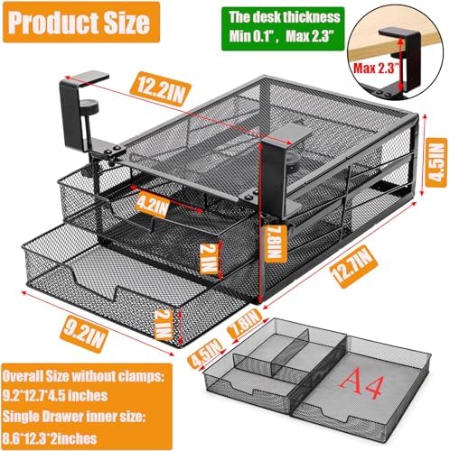 Cedilis Under Desk Drawer Organizer Slide Out, 2-Tier Metal Under Table Storage Drawers Clamp On for Home Office, Black, No Drilling