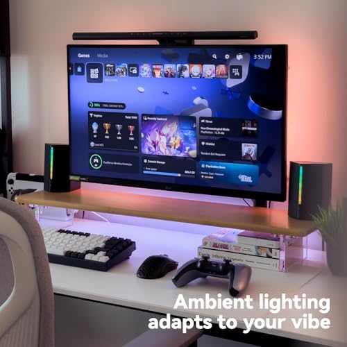 Bamboo Monitor Stand, Desk Shelf with Acrylic Legs and RGB Lights