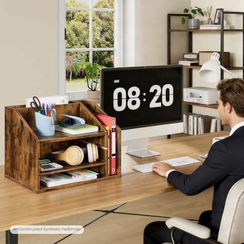 CHOEZON Wooden Desk Organizer with Adjustable Partitions, Rustic Brown