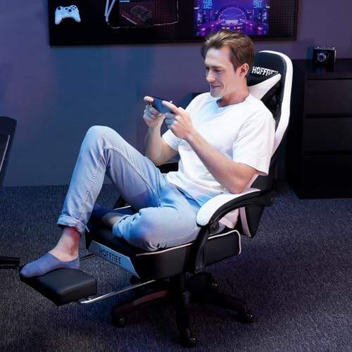 HOFFREE Gaming Chair Computer Chair with Speakers Massage Game Chairs with Footrest Bluetooth High Back Ergonomic Computer Gaming Chairs for Adults Reclining Video Gamer Chair White and Black