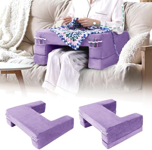 HOMBYS Adjustable Foam Crochet Pillow for Lap Support, Soft Velvet Reading & Gaming Pillow with Side Pocket and Elastic Band, Desk Cushion for Sofa, Bed & Floor, Heights for Adjusting (Purple)
