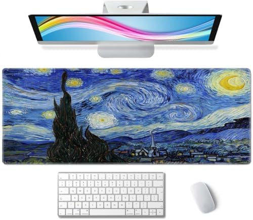 Gaming Mouse Pad, Large Non-Slip Rubber Base Mousepad, Keyboard Mouse Mat, Desk Pad with Stitched Edges, 31.5x11.8inch, Vincent Van Gogh - The Starry Night