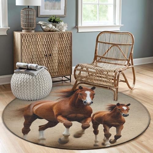Large Home Decor Mat, Soft Round Yoga Carpet, Non Slip Machine Washable Kitchen Office Circle Rug Running Brown Horse