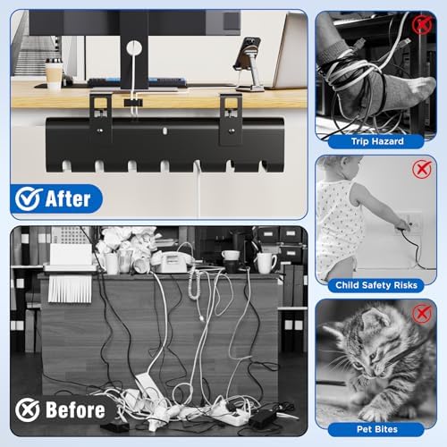 2 Pack No-Drill Under Desk Cable Management Tray 33.8 inch Large Wire Cord Organizers, Cable Management Under Desk for Home and Office No Damage Black