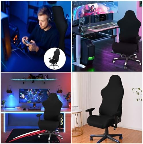Gaming Chair Cover, Ergonomic Office Computer Game Chair Slipcovers, Stretchy Polyester Covers, 4pc/Set with Armrest Covers/Back/Seat Cover for Reclining Racing Gaming Chair Black
