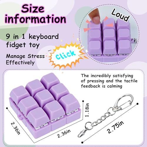 Keyboard Fidget Toy, Keyboard Fidget Keychain 9-in-1 Keyboard Decompression Button Finger Clicker Toys Stress Relief Fidget Gifts (Purple)