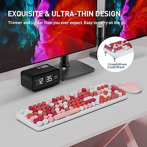 Cute Wireless Keyboard Mouse Combo,Colorful Round Keys,for Long Nails,Pink