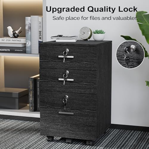 VINGLI 3-Drawer File Cabinet with Lock, Wood Rolling Filing Cabinets for Home Office, Mobile Printer Stand, Under Desk File Organizer for Letter Sized Files, 26" H(Caster Included), Black