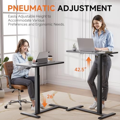 GTPLAYER Small Standing Desk with Hidden Wheels, Pneumatic Mobile Rolling Laptop Desk, Adjustable Height Overbed Bedside Table Computer Workstation for Home Office (28" W x 16" D, Black)