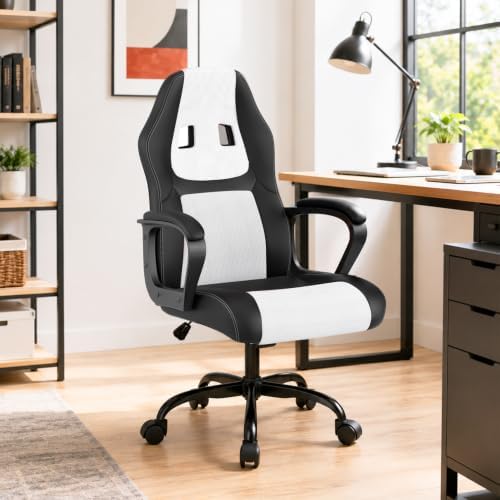 PayLessHere Gaming Chair Ergonomic Office Chair Computer Chair with Lumbar Support Ergonomic Pu Leather Adjustable Height Executive Chair for Women Men and Adults,White