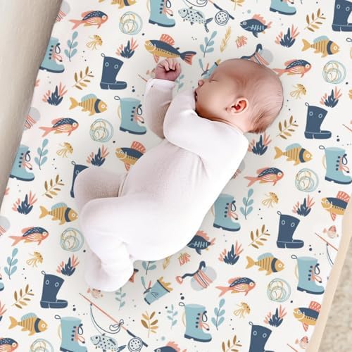 Cartoon Summer Fishing Fishes Leaves Pattern Baby Changing Pad Cover, Unisex Fishing Nursery Diaper Changing Table Pad Mat Sheet for Boys Girls-16x32