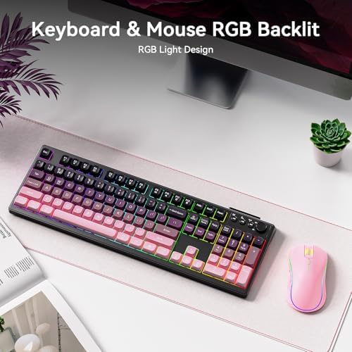 Wireless Keyboard and Mouse Combo, RGB Backlit Rechargeable 2000 mAh Battery, Wireless Computer Keyboards, Tri-Mode Bluetooth/2.4GHz/USB-C Custom Creamy Keyboard, RGB Backlit Media Knob (White-Pink)