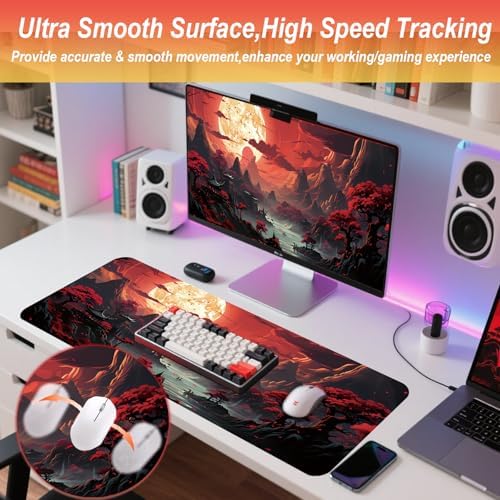 Gaming Mouse Pad 31.5x11.8 inch XL Large Extended Mouse Pad, Big Mousepad Desk Mat for Computer with Non-Slip Rubber Base and Stitched Edge-Red Moon
