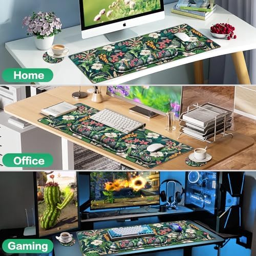 Desk Mat Floral, Large Gaming Mouse Pad with Wrist Rest, 4in1 XXL