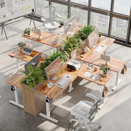 TIQLAB Standing Desk L Shaped, 63x55 Inch Adjustable Height, Electric Stand Up Desk, Corner Sit Stand Desk with Splice Board, Light Rustic Brown