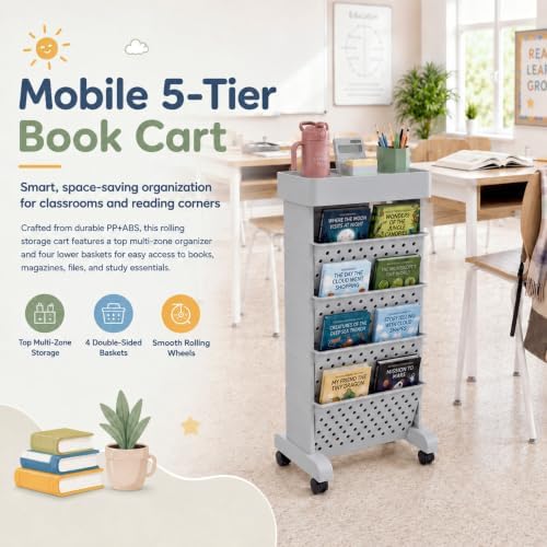 5-Tier Rolling Bookshelf Cart with Wheels, Gray