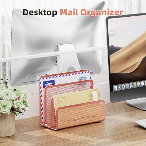 Marbrasse Mail Organizer for Desk, 3-Slot Mesh Metal Mail Holder countertop, Letter Holder, Office Desktop Envelope and Document Storage Rack (Rose Gold)